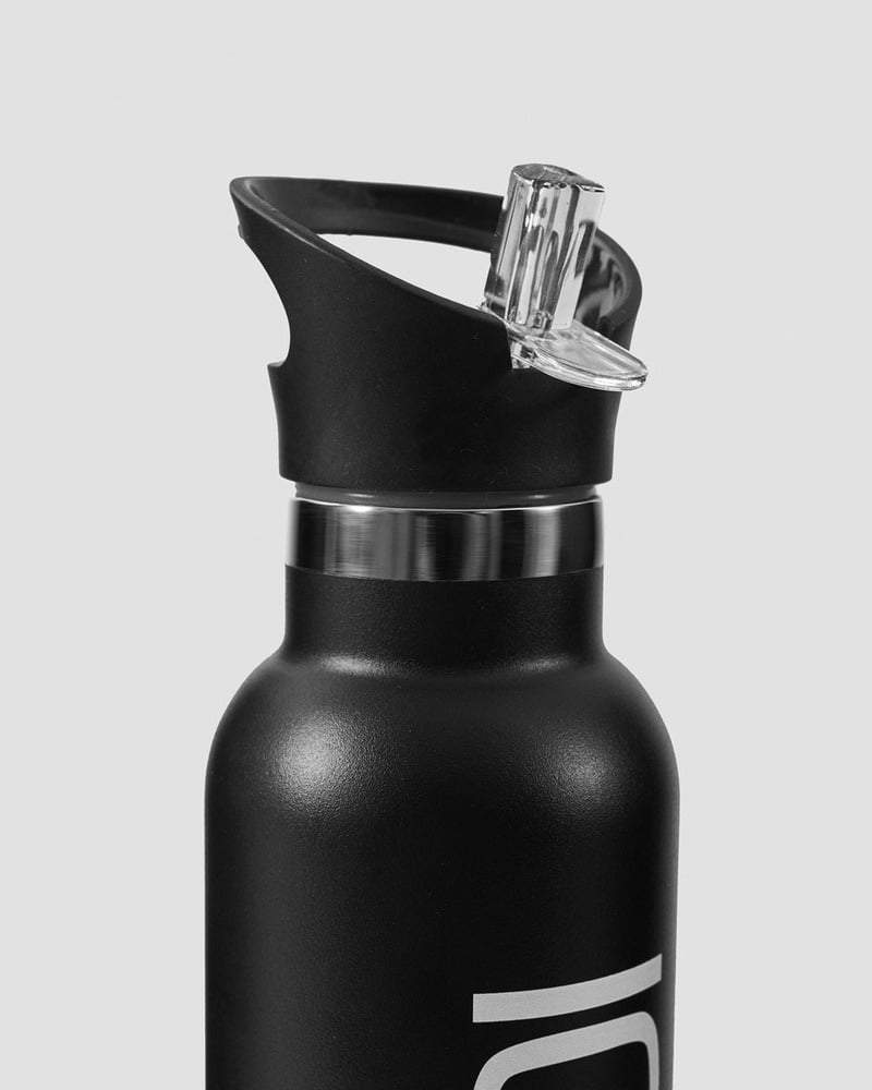 stainless steel water bottle black w. white logo 600ml